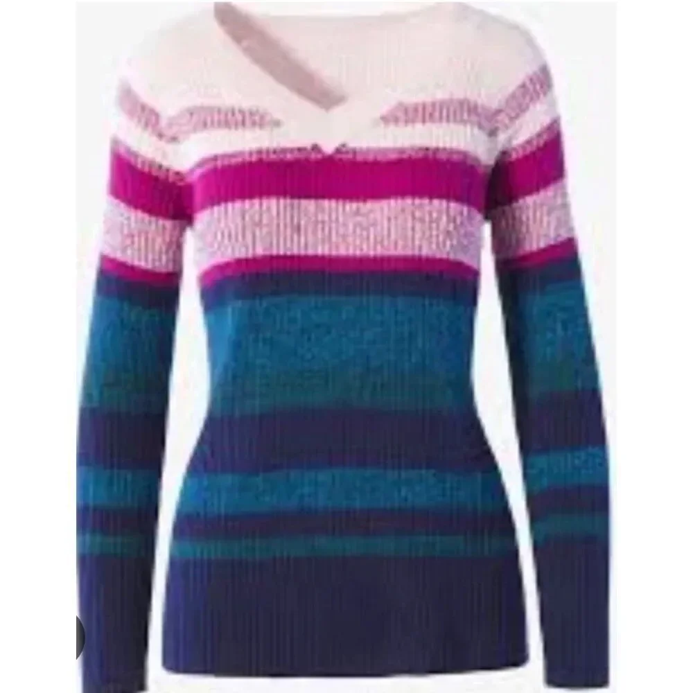 Chico's Women's Multicolor‎ Colorblock Knitted V-Neck Pullover Sweater Medium